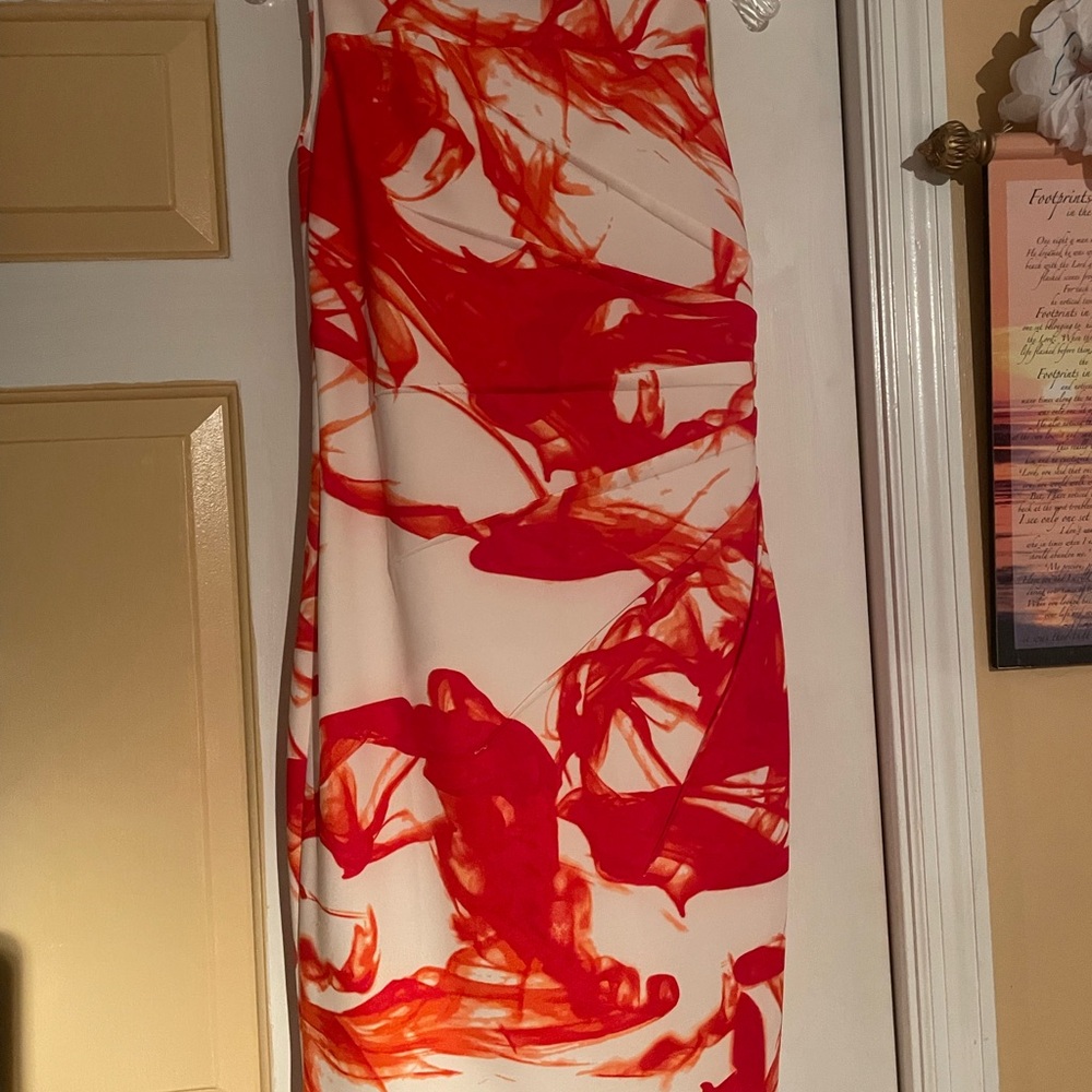 Calvin Klein Asymmetrical Red and White Dress